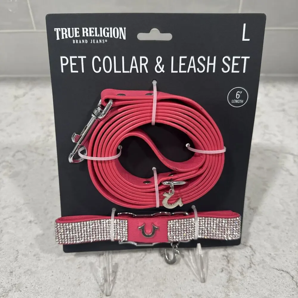 True Religion Pink BLING Rhinestone Dog Pet Collar & Leash Set Size Large NEW